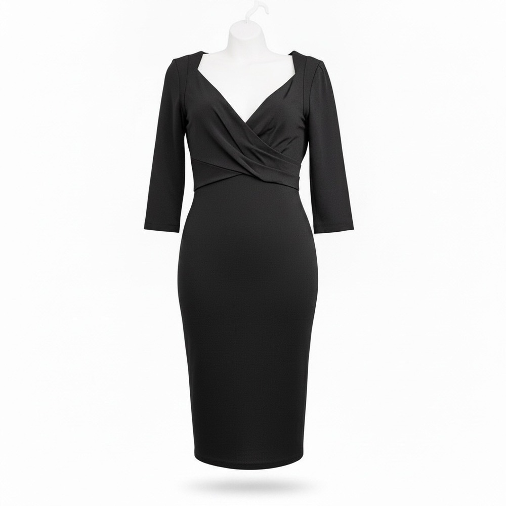 Escada Digrassa Black V-Neck Surplice 3/4 Sleeve Sheath Dress Size 38 NEW